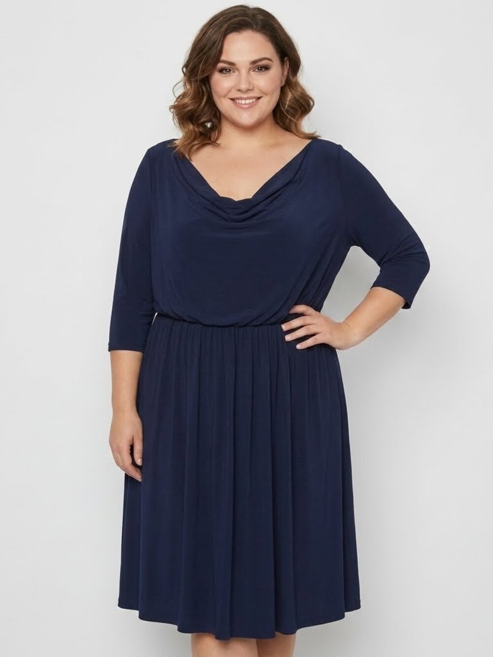 Vintage Jessica Howard Navy Blue Blouson Dress, Cascade Neck Midi, Plus Size 20W